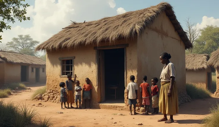 An old stone house living a poor woman with her seven ren in an African village 