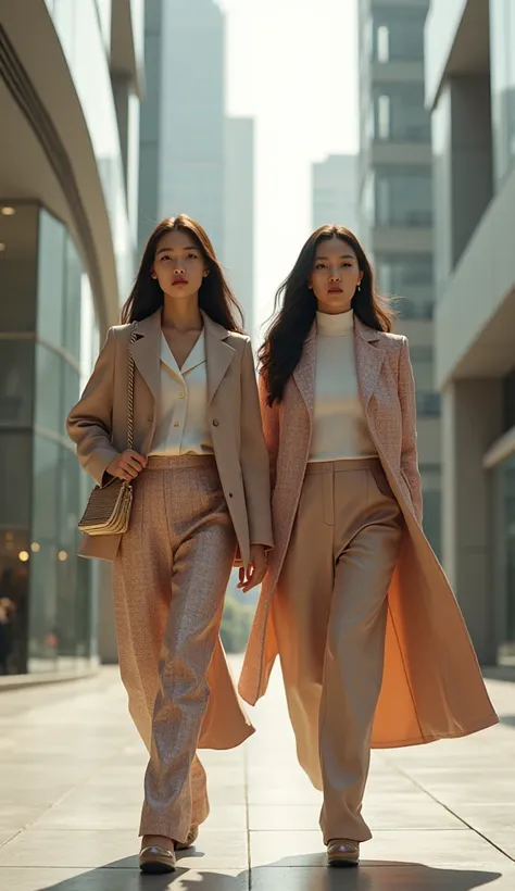 Create a 3D Realistic image with 9:16 aspect ratio depicting  a scene featuring two beautiful Asia young women in a modern urban environment. One woman confidently walks ahead, dressed in an elegant and fashionable outfit that exudes sophistication. Behind...