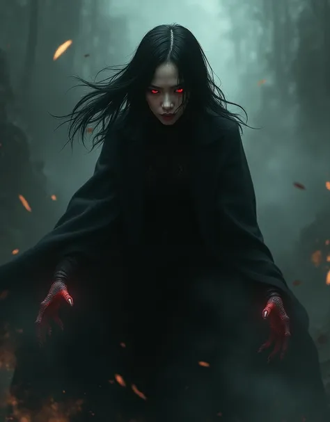 A death eater who sucks up mens souls、 eyes are glowing red、Asian womans face 、Black Costume、（（Full body image））、Floating in the air、 RAW Photos、 realistic texture、