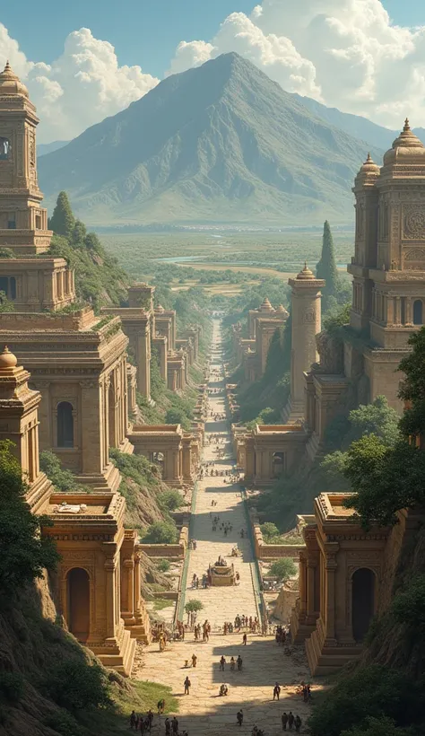   “Ancient civilizations building cities and temples,  in an epic and detailed landscape , historical style .”