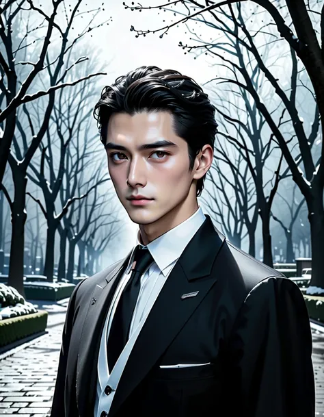 ( Only One Man ),  black suit with urn、White open-collar shirt、 black tie、((VeRY Slanted Sanpaku Eyes , gloomy cool face, very small pupil of the eyes))(masterpiece,best quality:1.4),(8k,raw photo,photo realistic:1.2),perfect Body,HQ, muscular, Roman Nose、...