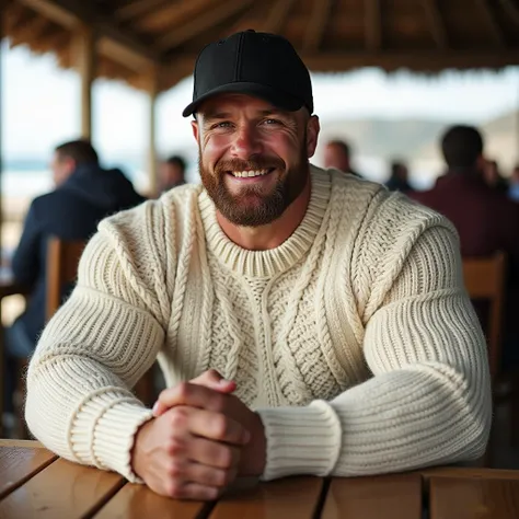 1man, 24yo, white British man, An enormous hyper-realistic, ultra-masculine ruggedly handsome bodybuilder with hugely exaggerated muscle size, wearing a fairly tight fitting, long sleeved hand-knitted cream Aran sweater covered with intricate rope, trellis...