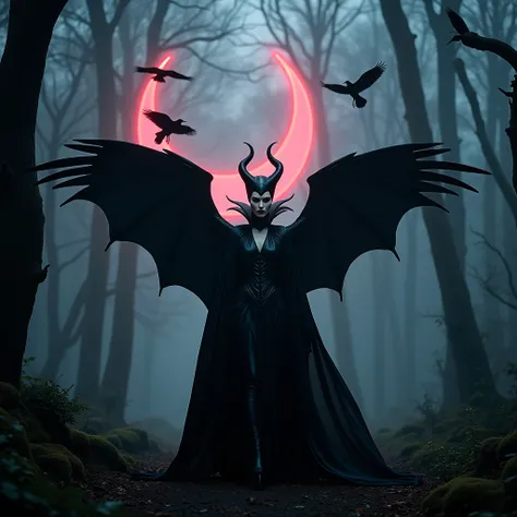 fashion editoral photo Maleficent is walking with black wings in a dark and scary and foggy forest while crows are flying in the sky. Moonlight illuminated everything and the moon was written in red neon W2 NAZANIN