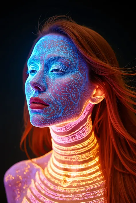 A mesmerizing swirling pattern of multi-colored lights that form the face of a beautiful orange-haired woman against a dark background. The light pattern radiates from the center and spirals outwards, creating a dynamic and vibrant visual effect. The color...