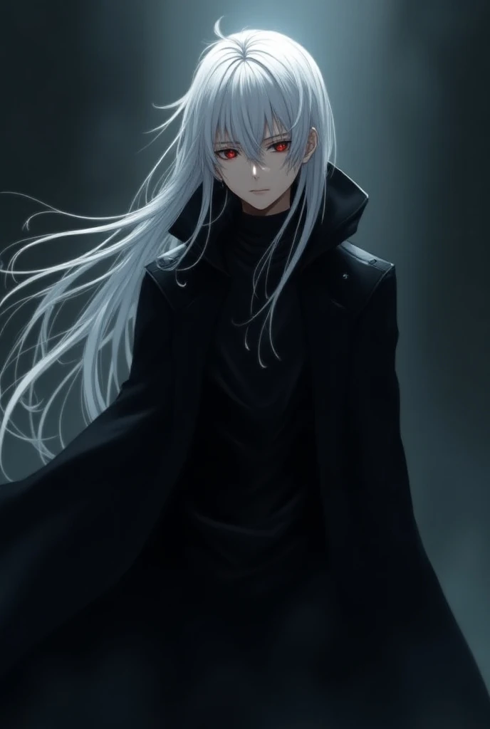 Anime man teenager Long white hair, long black coat Dark side