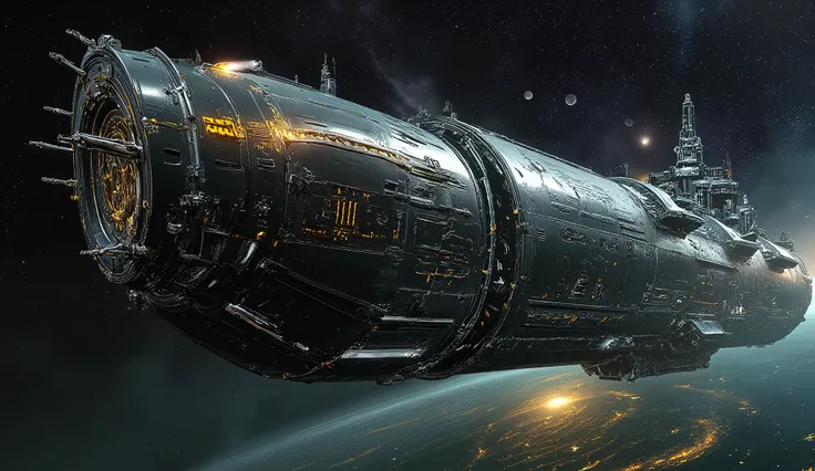 Sci-fi cinematic scene. Solar system cosmos background. The giant spaceship, long rectangular box shape body, perpendicular, Emblem, metallic mechanical ship bridge, golden runes and cybernectic line, Grimmdark, mechanical, Gothic, guns, turrets, (Ultra-re...