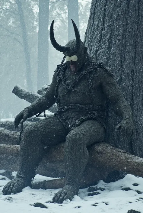 gigantic giant wrath,  Giant named loki from nordic story with two horns, eyes covered in white bandage , tongue sticking out , psychopathic expression ,  body tied chain all over body , hands tied chain attached to adam tree , posisi duduk, feet selonjor ...