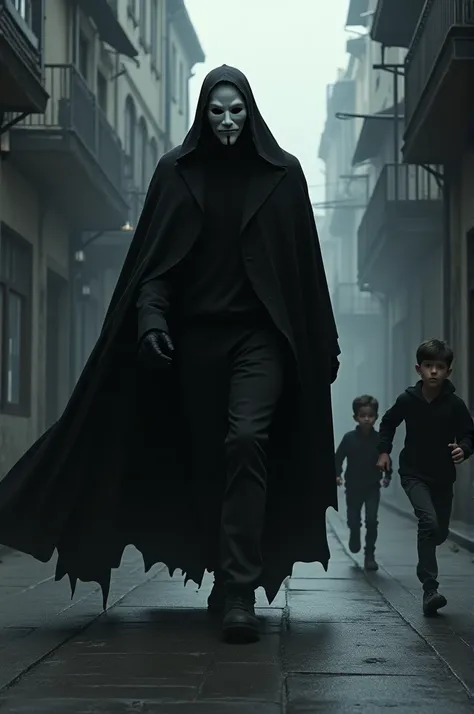 Black-caped man white mask running after two boys 