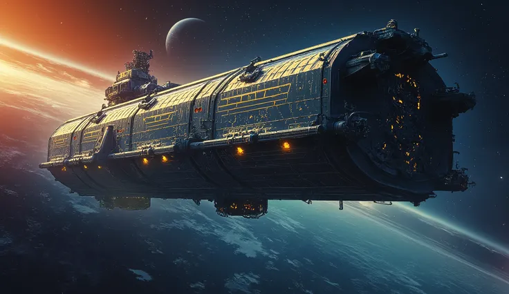 Sci-fi cinematic scene. Solar system cosmos background. The giant spaceship, long rectangular box shape body, perpendicular, Emblem, metallic mechanical ship bridge, golden runes and cybernectic line, Grimmdark, mechanical, Gothic, guns, turrets, (Ultra-re...