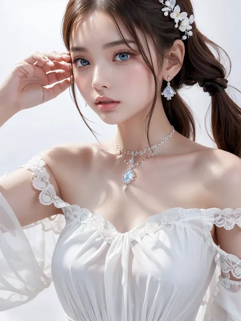 8k,Confused,  Hi-Res,  very detailed,  1 girl, Alone,   very beautiful eyes  ,  Extremely Accurate Depiction , Artistic、 very detailed depiction, ([    "Intertwined:1.2), , (White high key background:1.5), ((( white off shoulder dress 1.5))), 、  bundles ha...