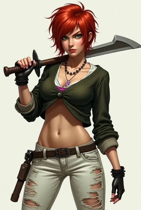  Fat girl with short red hair in a torn sweater and white punk jeans. A gun ax in her hands . Eyes are green. smirk
