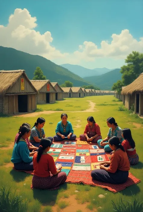 I am looking for a painting that shows the theme of brotherhood equality interface my idea is to create a rural and rustic scene and its early morning time the bright blue and colour should be there there is greenery on the ground in the background huts ar...