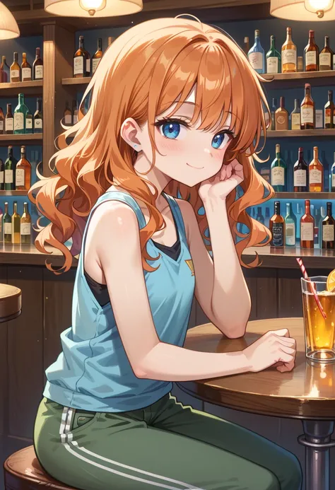 (masterpiece),(best quality),(ultra-detailed), (illustration), (an extremely delicate and beautiful) BREAK 1 girl,solo,hand up,elbows on Bar counter,sitting on chair BREAK 1 girl,young girl,24 years old,short wavy hair,(orange hair),skyblue eyes,middle bre...