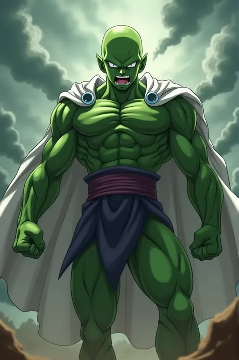 Create a dragon ball anime cinematic character Piccolo with an angry position 