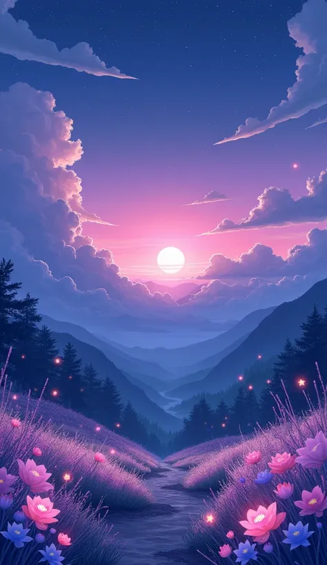 "A captivating anime-style evening scene featuring a serene landscape bathed in soft twilight. The sky is a gradient of deep purples and blues, with stars beginning to twinkle above. Lush, glowing flowers in various shades of pink, blue, and lavender gentl...