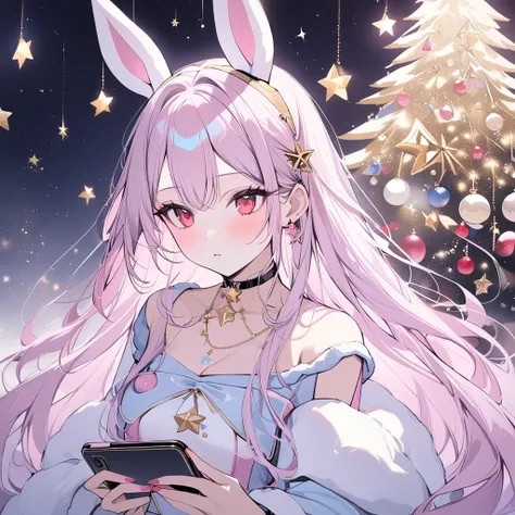 ,playing mobile game々）,red eye, star shaped choker, (masterpiece, highest quality), Christmas art, beautiful and aesthetic: 1.2), (1 girl), very detailed, (Christmas star art: 1.3), blue colorful、pink long hair、bunny ear、 half body, Christmas dress, gold s...