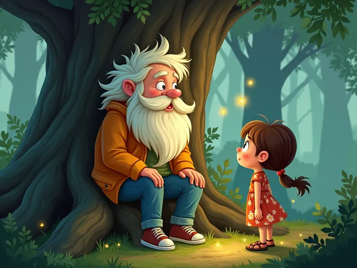 huge,  the magical spirit of the forest in the form of a wise old man with a long white beard, sitting on the roots of an oak tree .  He looks at Jake. An  boy with short blond hair and big hair, with curious eyes .  He is wearing a bright jacket , jeans a...