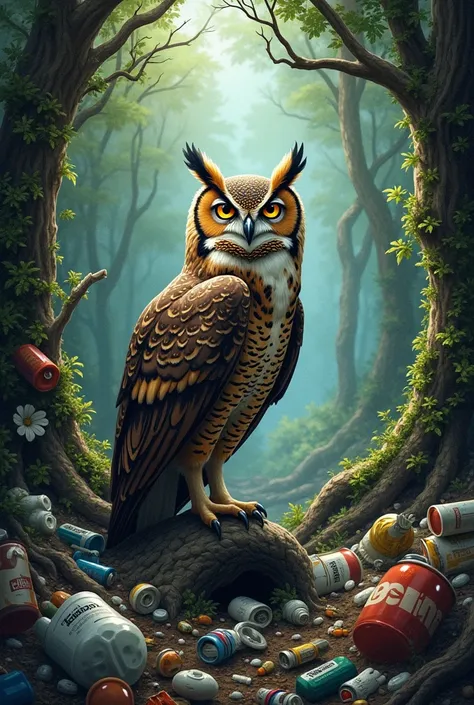 Create a drawing of an owl in a forest full of garbage to color 
