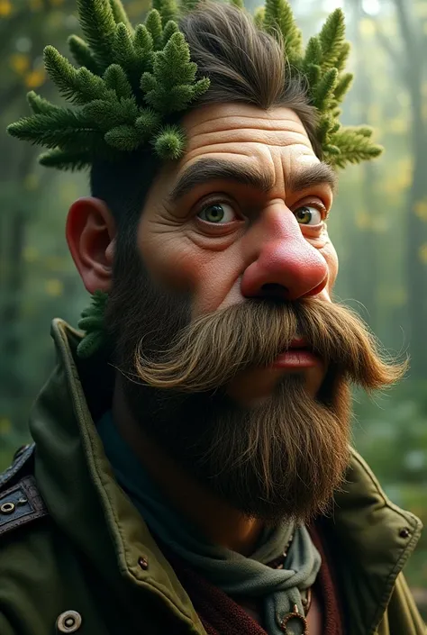 une image réaliste avec un grand sapin, des sourcils, des yeux, un nez, une bouche, une moustache, des racines, des rides, des feuilles