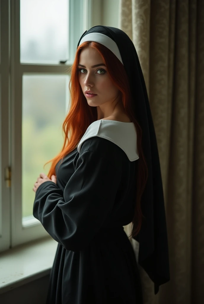 Beautiful 22 year old girl with long reddish hair,  green eyes,  slim build ,  taking a full body selfie ,  sitting in the window of her room , in a sensual way ,  dressed as a nun, One afternoon.