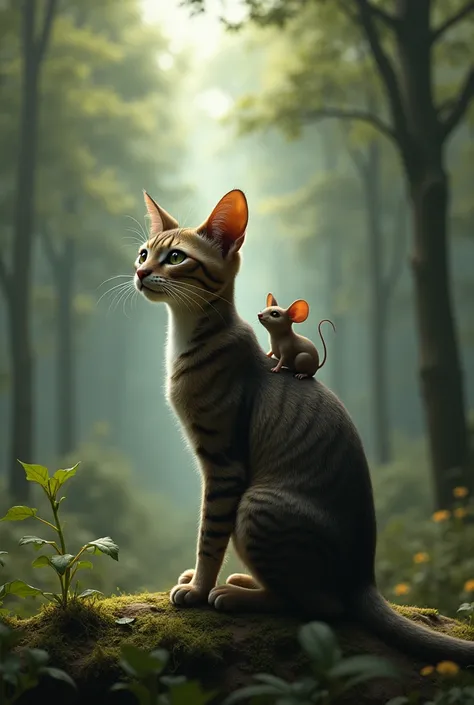 Mouse cat ki peet per betha hay aur samne dekh rahe hay forest ki taraf realistic picture ho