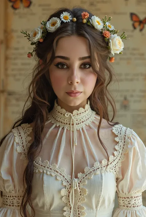 Image of À la Fed of one in a white lace dress and Leonardo da Vinci notes in the background, stunning ethereal young figure , Portrait of a magical girl, portrait of a young witch girl, girl in steampunk clothes,  Musician girl in lace clothing , Natalia ...