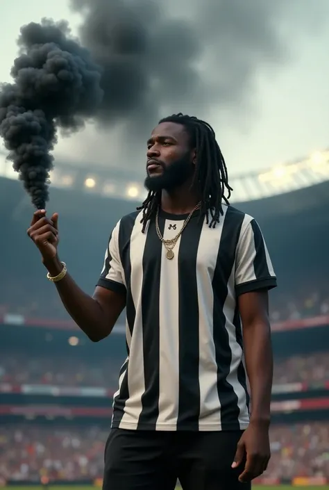 Rastafari human body worn vertical striped black and white t-shirt at the stadium holding black smoke beacon 