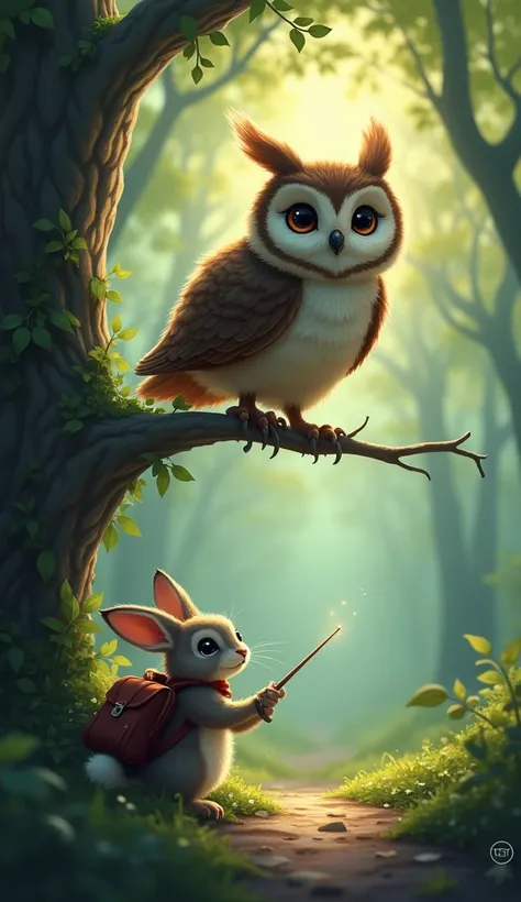 Perched on a low-hanging branch, a wise owl with large, kind eyes watches the rabbit wearing travel bag along with him approach. The rabbit looks up at the owl, who nods knowingly and points with one wing toward a hidden path. The owl’s feathers are ruffle...