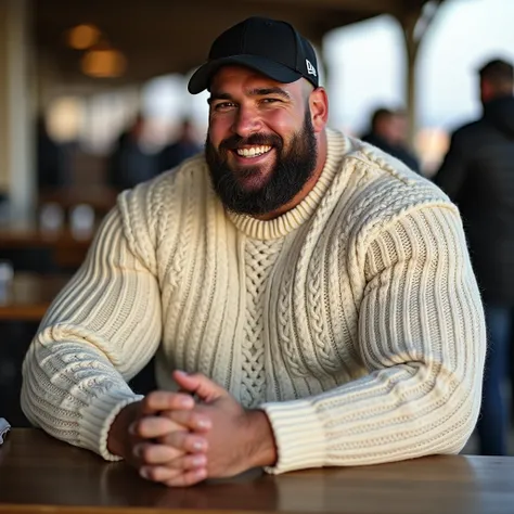 1man, 24yo, white British man, An enormous hyper-realistic, ultra-masculine ruggedly handsome bodybuilder musclebull weighing 330lbs with hugely exaggerated muscle size, wearing a fairly tight fitting, long sleeved hand-knitted cream Aran sweater covered w...