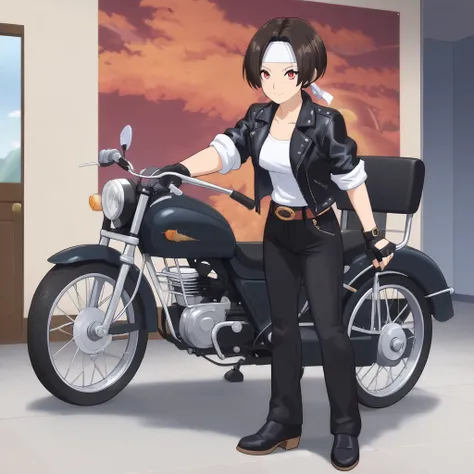 anime girl in black leather jacket standing next to a   Motorcycle ,   Motorcycle , motorBiker, Biker,  Spy x Family ,  anime style character ,  High Definition Artwork ,  Official Character Art ,  King of Fighters , riding a   Motorcycle , Created by Anim...