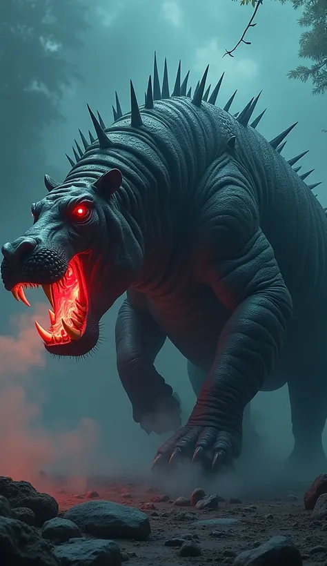  The epic and terrifying fusion between ( Hypopotamus vs tiger  )  MAKES AN EXTREMELY HUGE CREATURE ,  it has a lot of scary leaves , the red crossbow is as cool as fire ,  its head was very empty ,  his teeth were fierce , night air ,  dreaded blue smoke ...