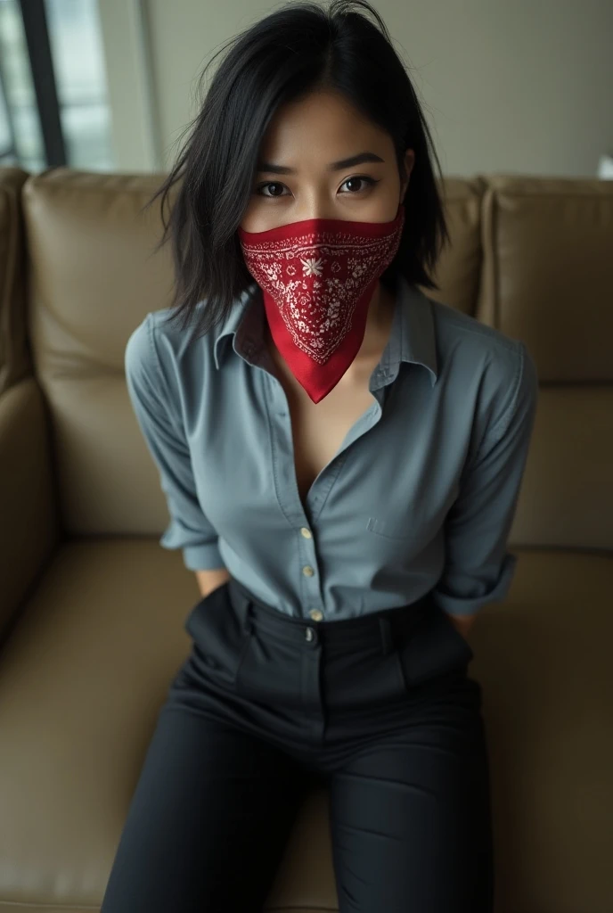 beautiful indonesian woman bank teller, black haired, short haired, wearing professional attire, hands tied up behind her back with rope, gagged with wet bandana, no mouth, bright light,detailed face, medium breasts, Looking at viewer, Accurate, posing to ...