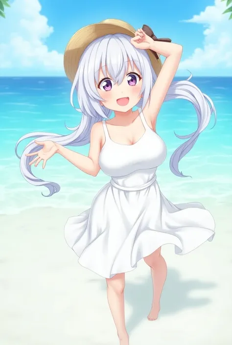  best quality, masterpiece, , ,Short,  Huge Breasts, White hair,Low double ponytail,  Purple Eyes ,  Snow Sound Chris,  Thin Double Ponytail ,, sea滩, sea,  white dress ,  white dress , White Single Item , straw hat,  (((Shy))), ( happy ),  Lean forward , s...