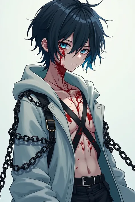  Sexy guy black hair and blue eyes in the color of the ocean 20 years of furry anime cartoon style with a human body and not broad shoulders he is wearing black chains and belts and blood and cuts , remember the shoulders are NOT broad and the coat is slig...