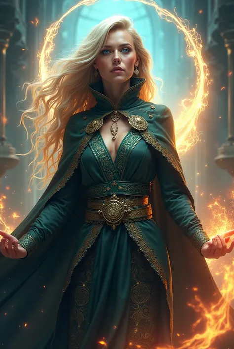 CREATE AN IMAGE OF A SORCERESS WOMAN WEARING A MAGICIANS UNIFORM - POWERFUL BLONDE LINA