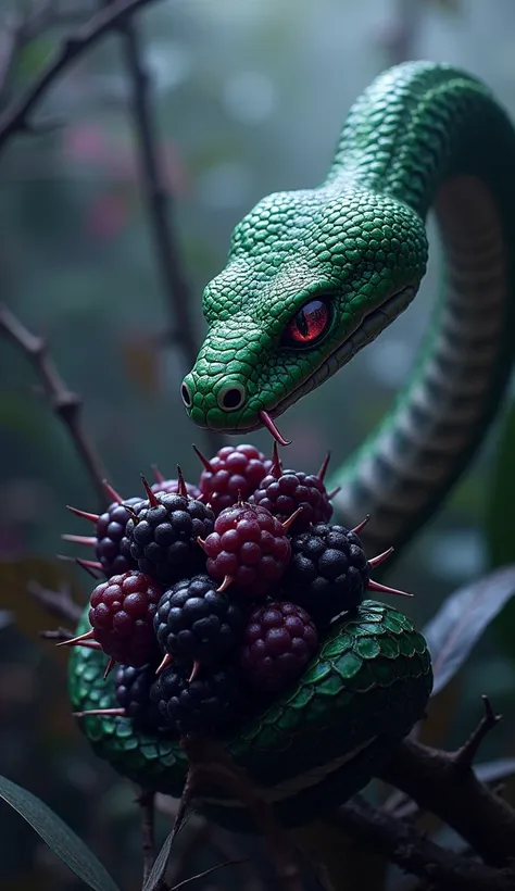 Venomous Viper and Blackberry: A sleek, venomous viper with scales glistening a deep green faces off against a large cluster of thorny blackberries. The snake’s tongue flicks out as if it’s tasting the air, while the blackberries seem alive with dark energ...