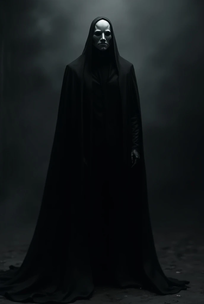 Man in black clothes wearing a black cape white mask covering all his face
