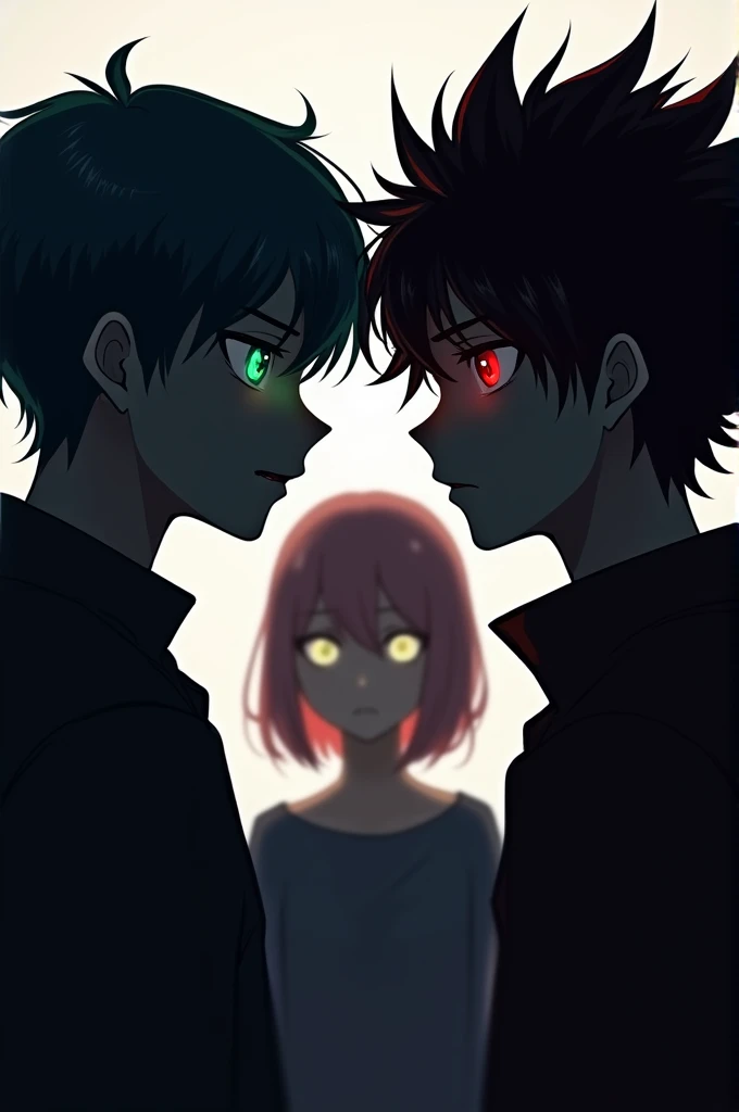 an image showing the silhouette of the faces of two boys; , one with emerald green eyes with a flirty look with well-groomed jet-blue hair and the other with ruby eyes, a cold and intimidating look, a messy black hair with reddish locks and in the backgrou...