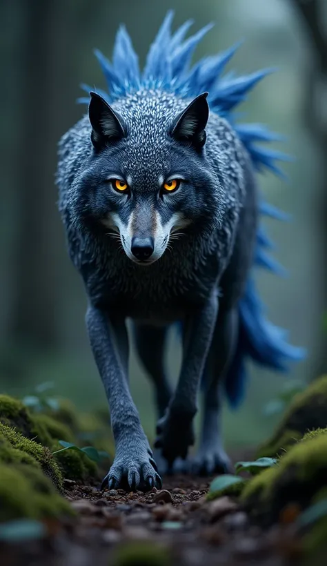 A wolf mohawk-owl hybrid with the muscular, sleek body of a wolf and the head of an owl. Its mohawk is composed of feathers that shimmer in shades of midnight blue and silver, and its eyes shine with a hypnotic glow. It prowls through the forest, blending ...