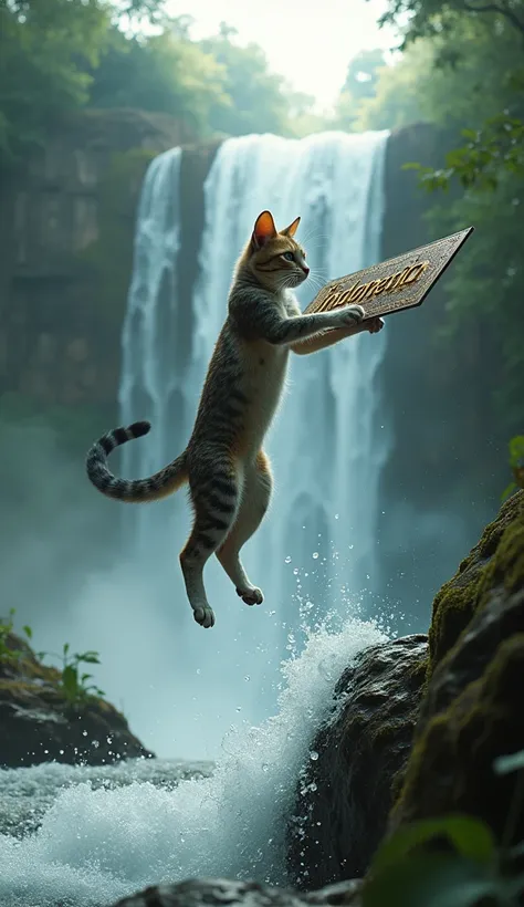 one cat jumps from a waterfall and holds the inscription Indonesia