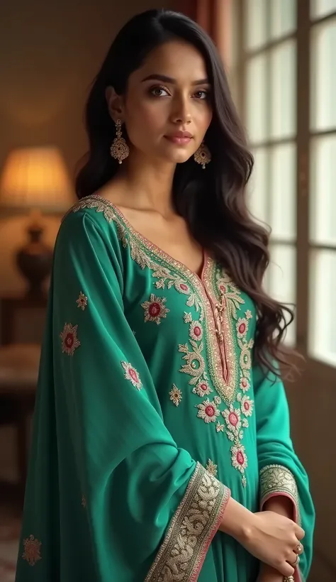 Heres a detailed prompt for your image:

"Create an image of a beautiful young woman with a perfect figure, wearing a traditional salwar kameez. The outfit is well-fitted, showcasing her elegant and graceful silhouette, and features vibrant colors like eme...