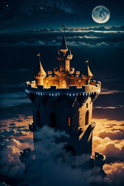 Flying isles scattered around a flying castle flying above the clouds at night with the moon illuminating the whole scene