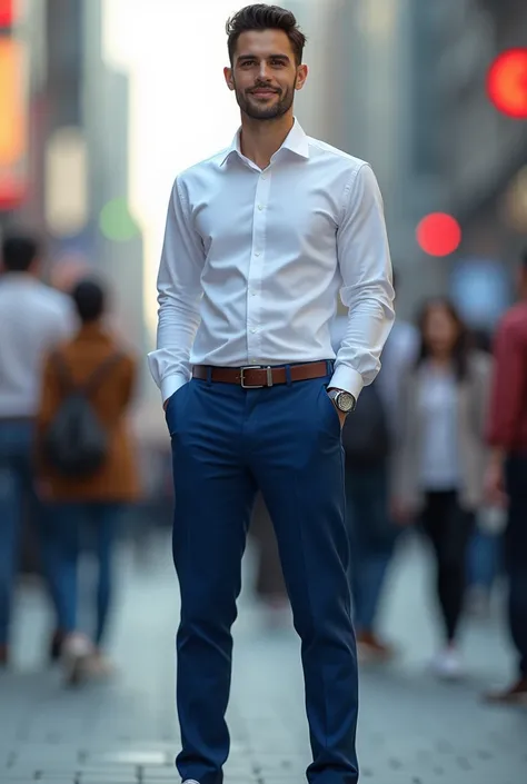 Salesman with a white shirt, blue pants, white shoes and a blue logo on the shirt that says Tigo