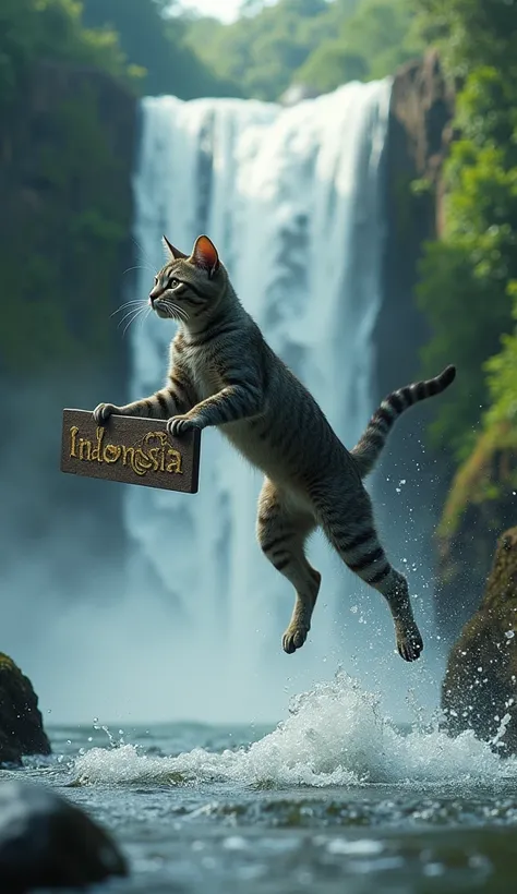 one cat jumps from a waterfall and holds the inscription Indonesia