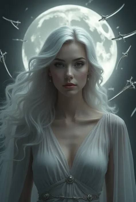 Create gray image of a beautiful woman with silver swords around her and a crescent in the background that says lunita 