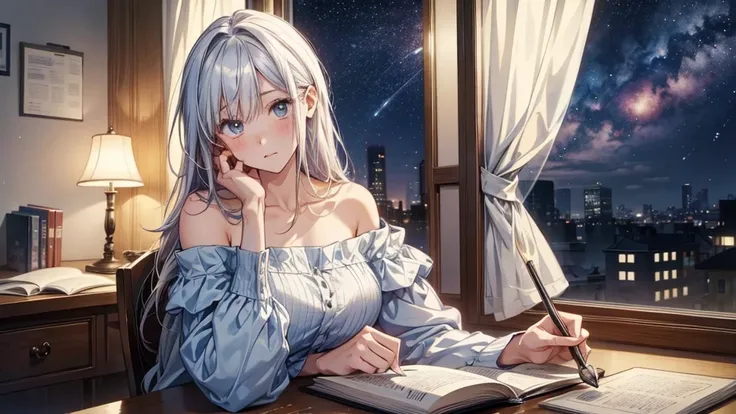 "An anime-style girl with a calm, focused expression, sitting at her desk on a quiet night. She’s wearing an off-shoulder tube top, with her thick thighs visible as she sits comfortably, leaning slightly forward as she writes or reads. There are no headpho...