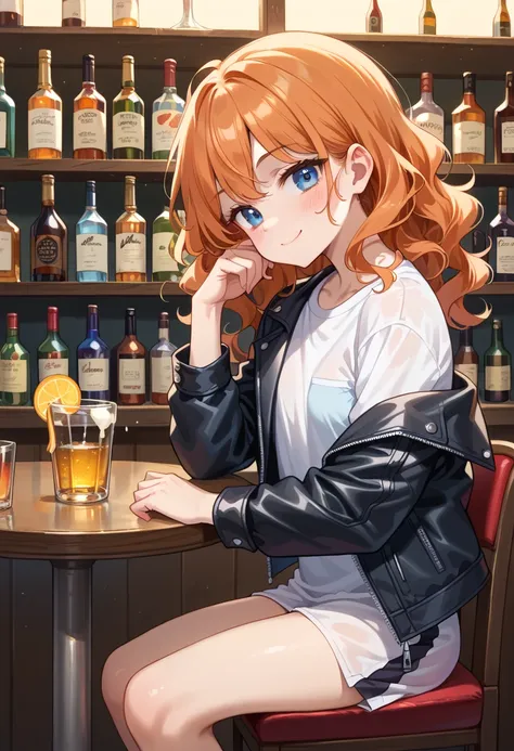 (masterpiece),(best quality),(ultra-detailed), (illustration), (an extremely delicate and beautiful) BREAK 1 girl,solo,hand up,elbows on Bar counter,sitting on chair BREAK 1 girl,young girl,24 years old,short wavy hair,(orange hair),skyblue eyes,middle bre...