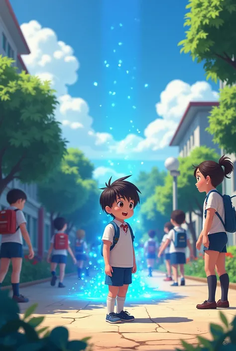 A bright schoolyard scene with ren playing, one young boy (Arif) standing curiously near a glowing blue light coming from the corner of the yard. The boy has a surprised expression, wearing a school uniform, with a clear, bright sky and other ren in the ba...