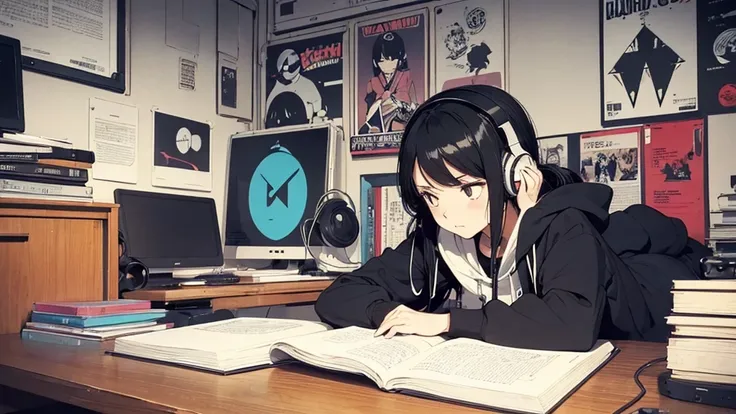 (flat color, retro, low contrast), (lofi), (1 girl, black hair, black hoodie, headphone, studying), (room with Japanese posters)