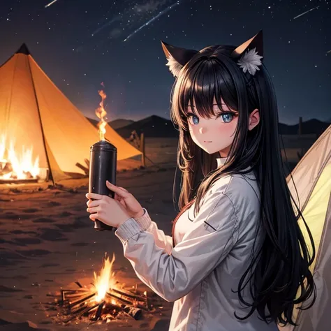 Cat ears　Black Hair　Camping　night　Bonfire　The tent in the back is on fire